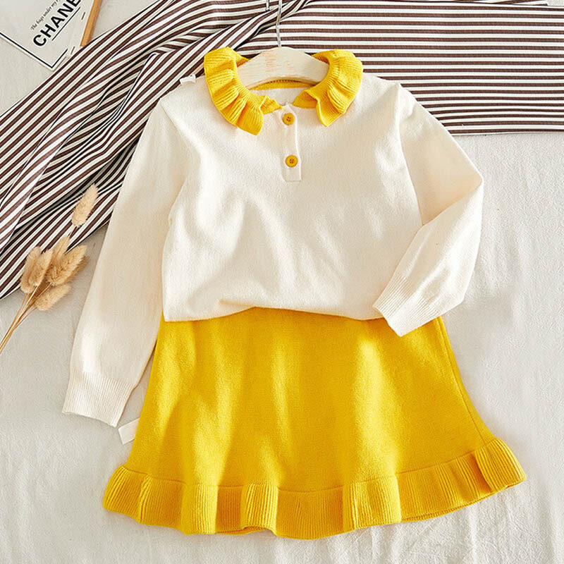 Bear Leader Kids Girl Dresses 2021 New Autumn & Winter Party Dresses Long Sleeve Turn-down Collar With Button Casual Girls Dresses Kids Knitted Top Coat+ Dress Children Knitwear 2pcs Clothing Sets For 2-6Y