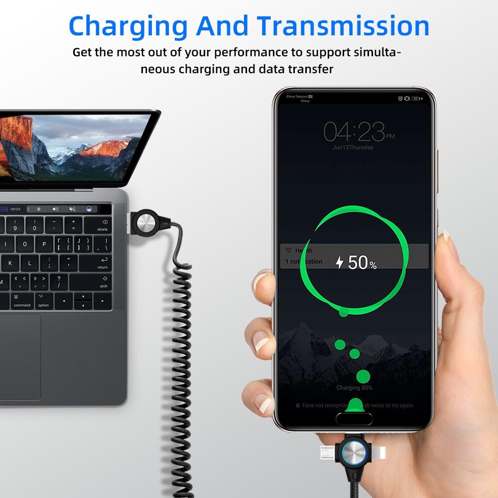 FLOVEME 3 in 1 USB Cable Data Transmission Spring Retractable Charing Charger Type C Lightning Micro USB Data Cable For iphone Samsung Xiaomi Android Phone