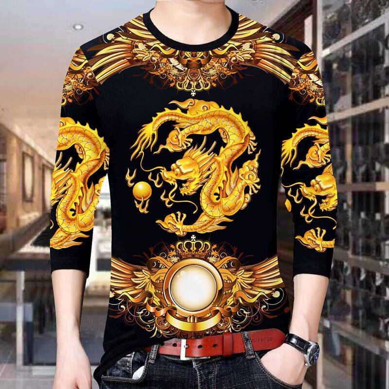 Naimo T-shirt Men's Long Sleeve T-shirt Guy Suit Tattoo Floral T-shirt Dragon Tattoo Bottoming Men's 3d Printing T-shirt