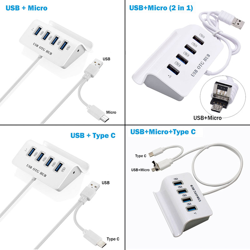 Bộ chuyển đổi cáp USB 2.0 OTG 4 cổng Hub Type C Hub Micro USB HUB mở rộng cho điện thoại thông minh, máy tính bảng có chức năng OTG