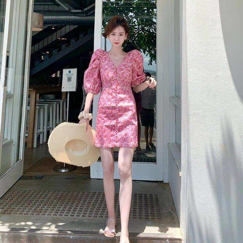 2022 Summer Floral Dress French High Waist Slim Short Skirt V Neck Short Sleeve Dress