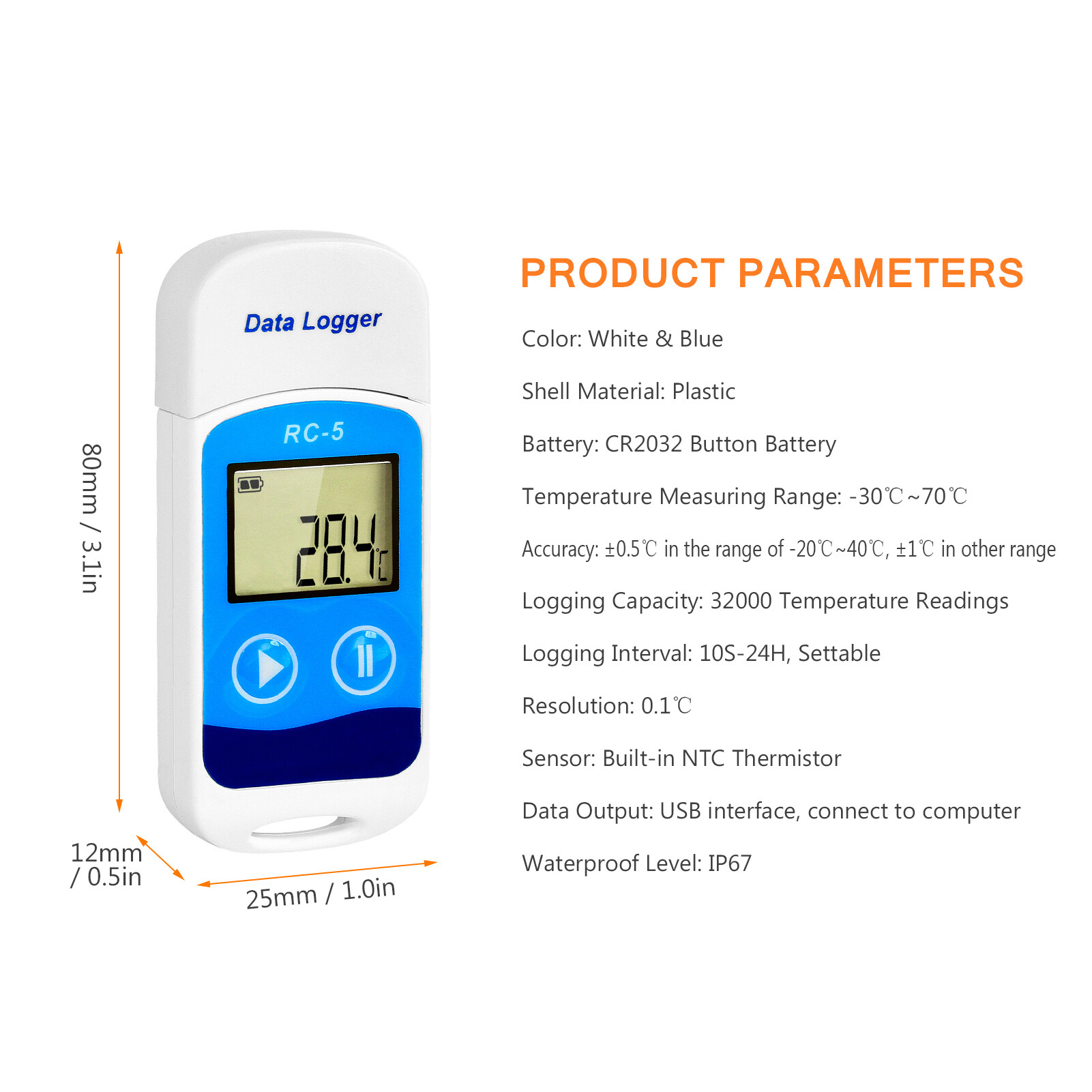Smart Sensor Temperature Data Logger High Accuracy USB Data Recorder 32000 Points LCD Display IP67 Waterproof Industrial Data Loggers for Cold Chain Transportation