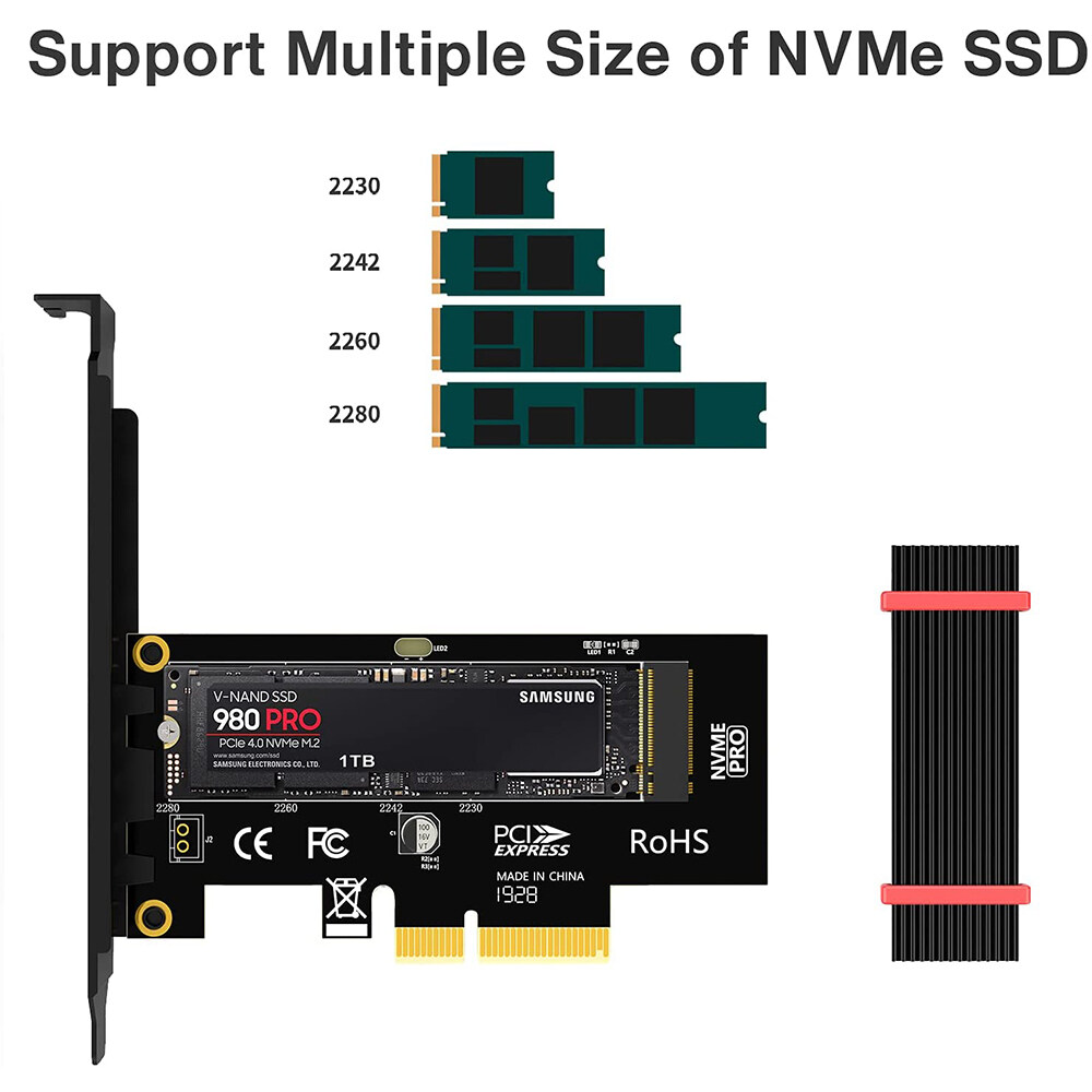 Jeyi PCIe để NVMe Adapter với nhôm SSD Tấm tản nhiệt làm mát, 64gbps M.2 SSD gen4 PCIe 4.0 x4 x8 X16 bo mạch mở rộng cho máy tính để bàn