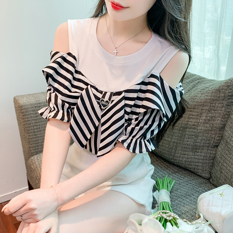 2023 Summer New Bow Tie Off Shoulder Short Sleeve Top
