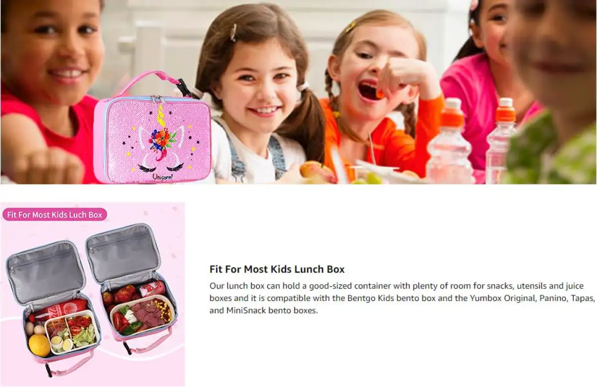 DaCool Pink Insulated Lunch Bag for Kids School and Travel Compatible with Most Kids Lunch Box like Bentgo Bento Kids Unicorn Sequin Lunch Box for Girls Reversible Sequin Flip Color Change