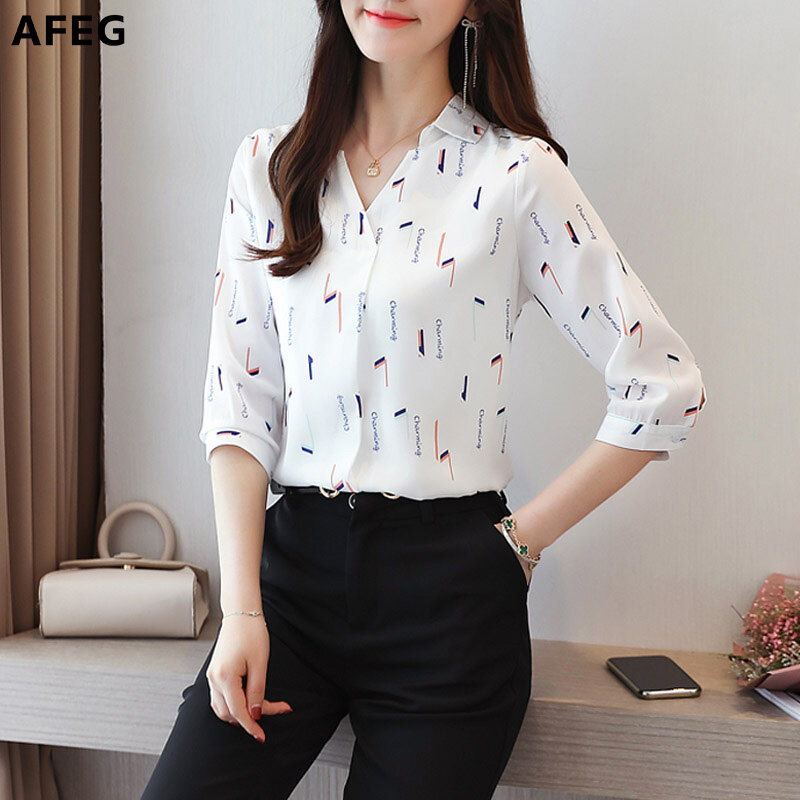 AFEG new Korean women's short-sleeved V-neck printed chiffon casual fashion wild temperament elegant blouse