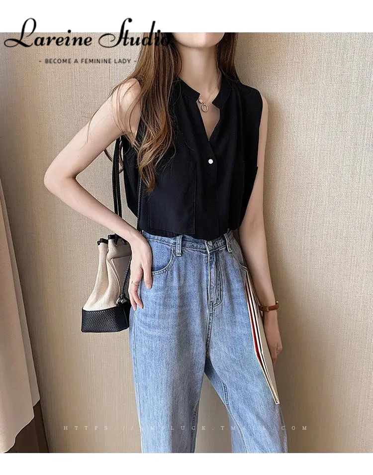 LAREINE Áo Nữ Phong Cách Thường Ngày Mới 2022 Áo Ba Lỗ Cổ Chữ V Không Tay