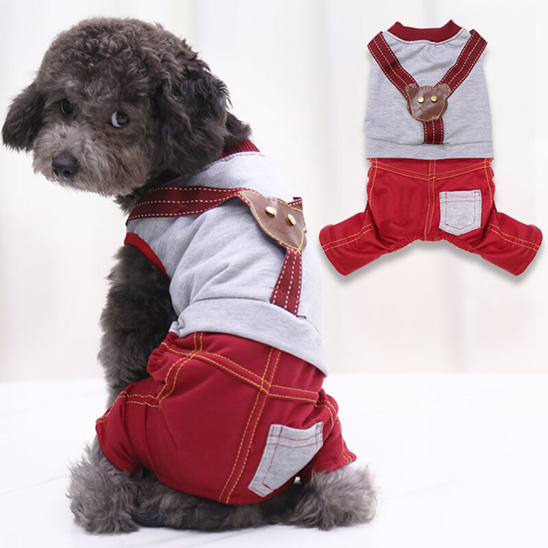 Pet Bodysuit Áo Liền Quần Vải Bông Bốn Chân Cổ Tròn Thoải Mái Cho Cún Con Cho Hàng Ngày Phao Cứu Sinh Và Quần Treo Dễ Thương Thường Ngày Mùa Hè Quần Bốn Chân Có Túi Gấu, Quần Áo Vải Bông Có Túi Màu Tương Phản Bông Vip