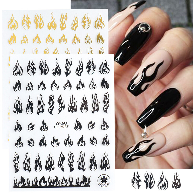【QIAONSHOP】miếng Dán Móng Lửa Hình Ba Chiều, 3d, Ngọn Lửa Lửa, Thanh Trượt, Vàng, Đen, Mùa Hè, Làm Móng, Đề Can, Tự Làm, Trang Trí Móng Tay, Dụng Cụ Trang Trí
