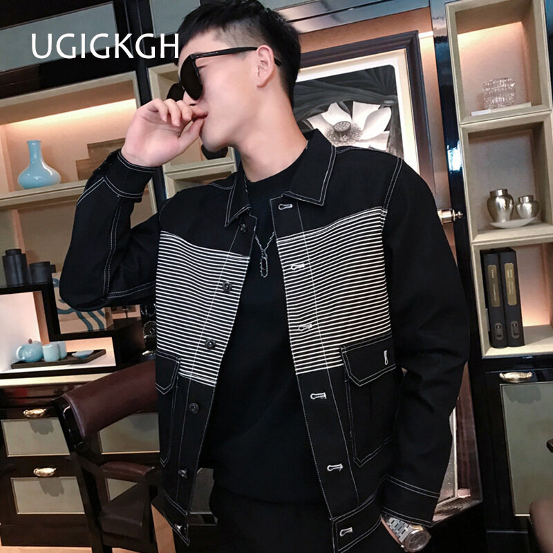 Cargo jacket men contrast spliced striped black