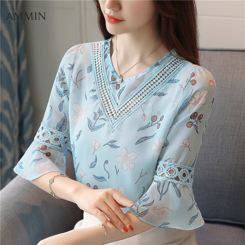 AMMIN summer new women's chiffon shirt ruffled flared sleeves lace lace chiffon shirt
