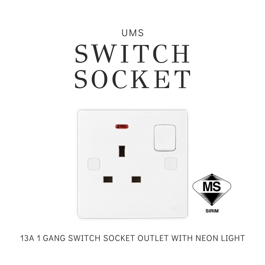 UMS 6113N 13A 1 Gang Single Pole Switch Socket Outlet with Neon Light