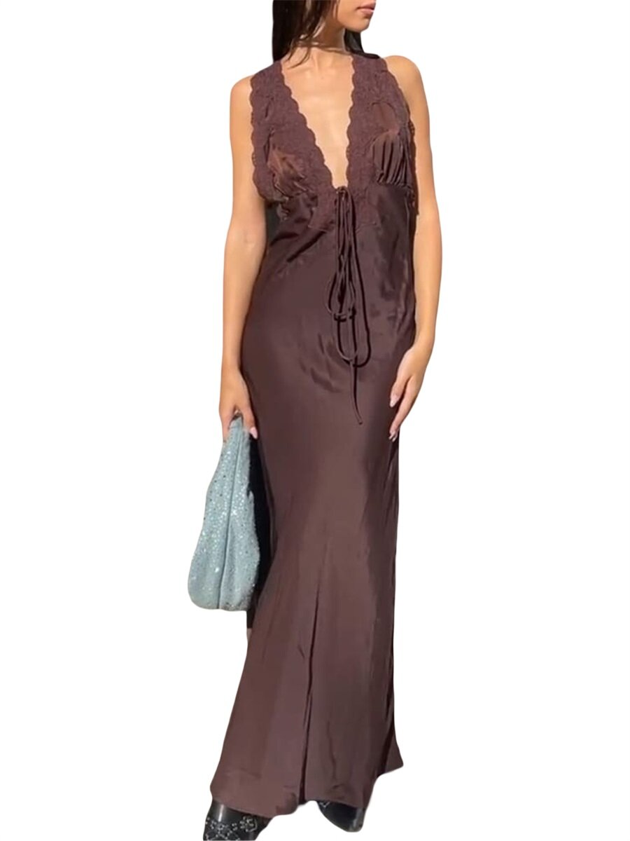 Facialbeauty- Women Elegant Long Dress Floral Print/Lace Patchwork Deep V-Neck Sleeveless Dress Summer Front Tie-Up Backless Party Dress