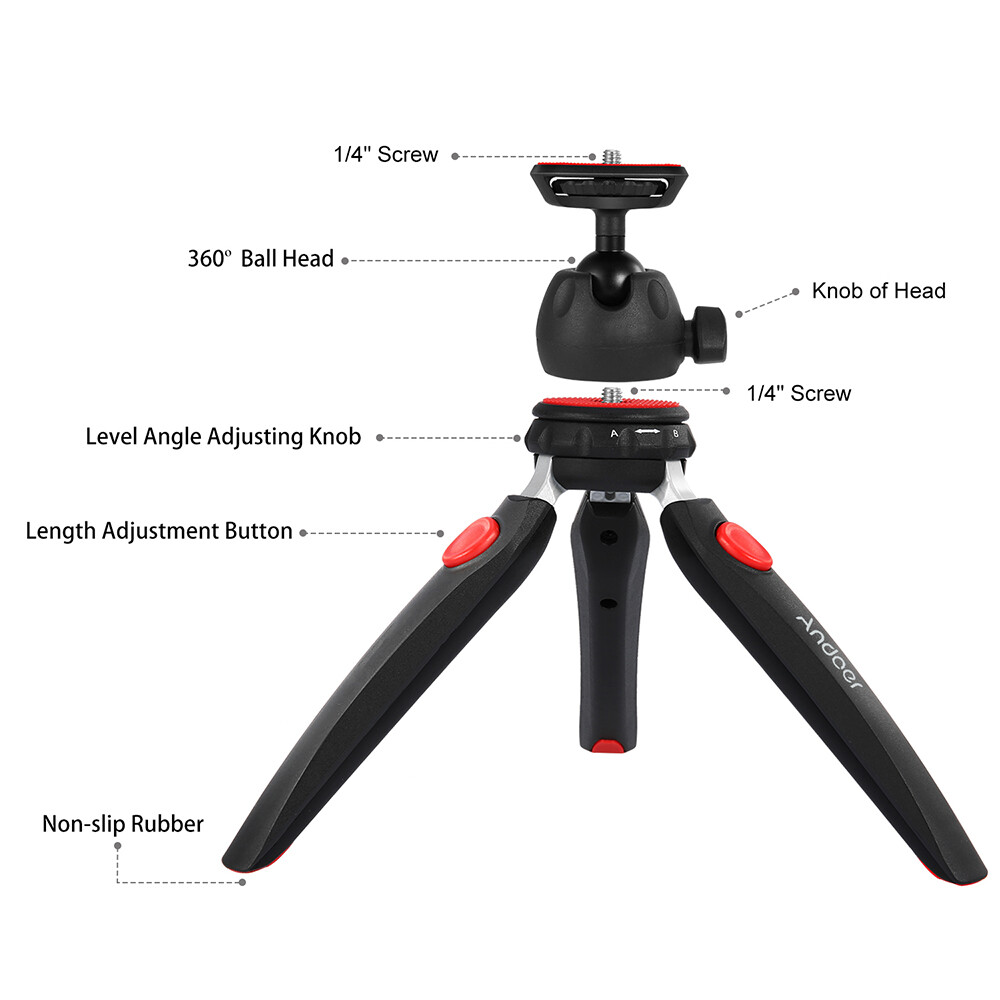 Andoer Mini Tabletop Tripod Portable Foldable Phone Camera Tripod Stand with Removable Ball Head with 1/4 Inch Screw