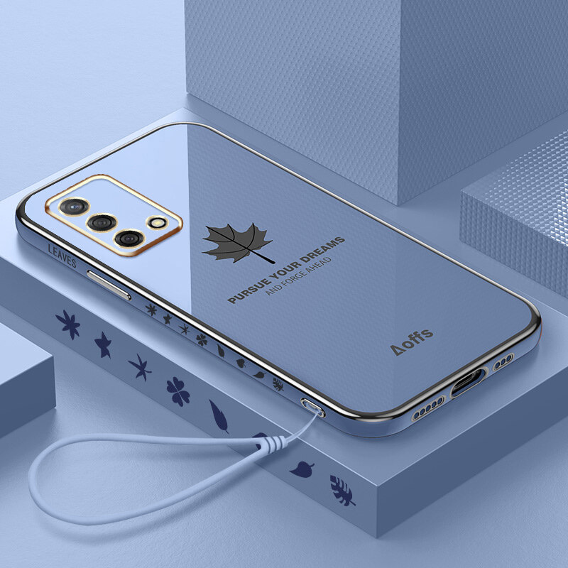 YBD Straight Edge Plating Phone case For OPPO A74 F19 casing, Precise Camera Protection case Maple leaf pattern cover with Free lanyard