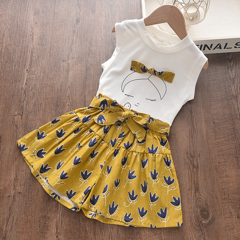 Bear Leader Girls Clothing Sets 2023 New Summer Sleeveless GIRL Pattern T-shirt + Print Bow Pants Kids Clothing Sets 2PCS For Baby Girl Kids Clothes Children Clothing For 3-7 Years