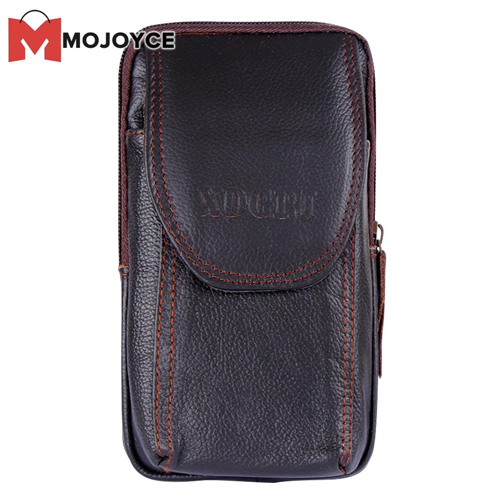 MOJOYCE Men Cowhide Leather Phone Belt Bags Solid Color Three-layer Fanny Pack