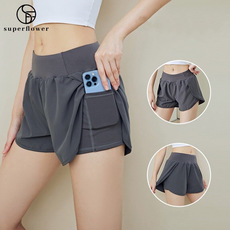 Treningsshorts med elastisk midje og 2 lag til dame, med lomme inni, for yoga, jogging, løping_voghion.com