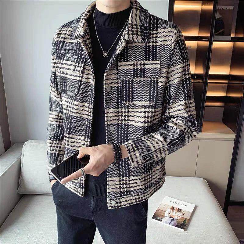 ASRV Men's Plaid Tweed Jacket Autumn Winter Trend Slim Fit Thick Cropped Tweed Coat Men's Shirt Collar Jacket