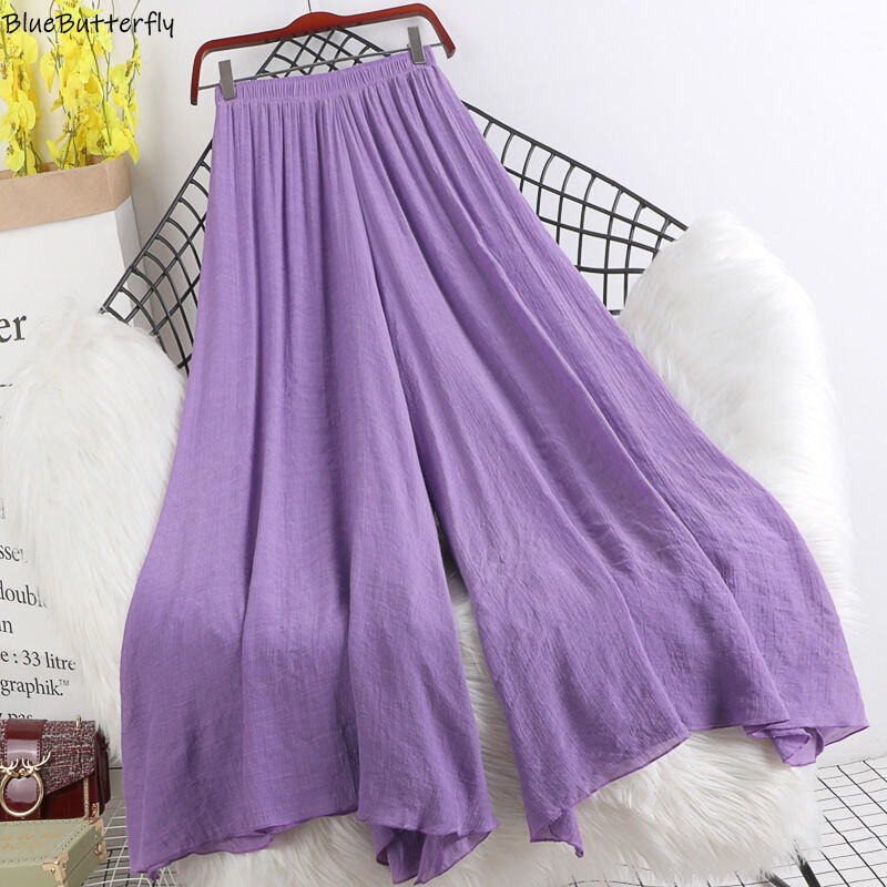 Quần Vải Lanh Và Cotton Mỏng Eo Co Giãn Phong Cách Retro Mùa Xuân Và Mùa Hè Mới Quần Váy Vải Lanh Xòe Lớn Dễ Phối Màu Thuần Khiết Cho Nữ