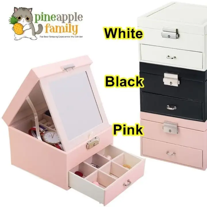 Pu Jewellery Box Storage Organizer With Mirror Lazada Pu Jewellery Box Storage Organizer With