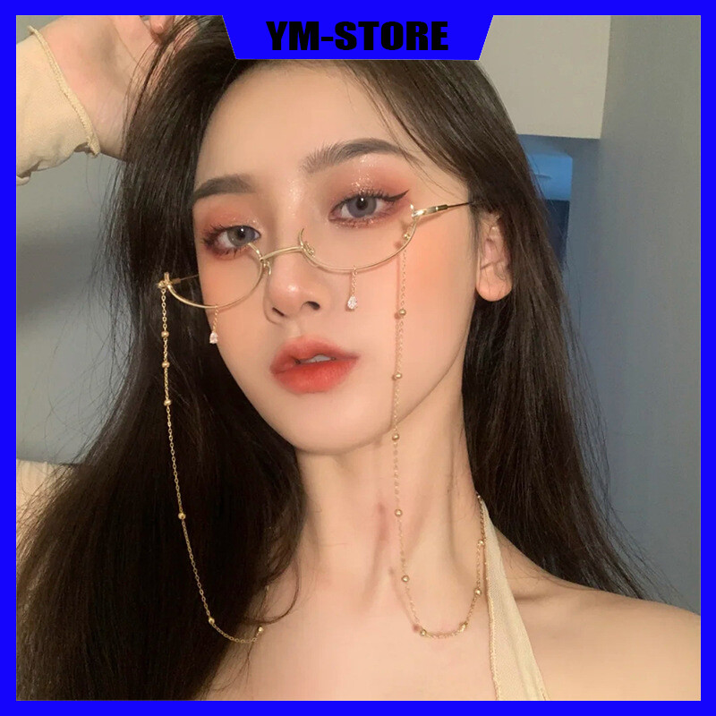 Lower Half Frame Glasses Women's Water Droplets Without Lens Decoration Cos Second Element With Chain Glasses Frame