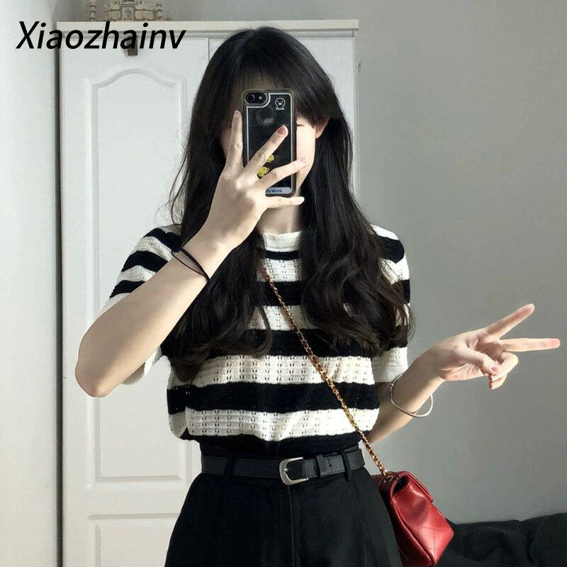 Xiaozhinv Áo Thun Cổ Tròn dệt kim kẻ sọc tay ngắn cho nữ