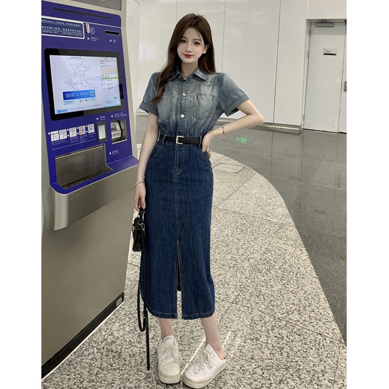 Váy denim ngắn tay thời trang váy denim thời trang giản dị màu gradient mẫu mới 2023