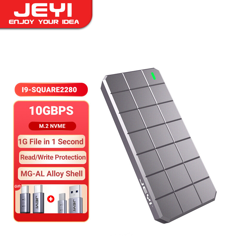 Jeyi i9-square m.2 nvme 2280 2230 ssd enclosure, usb 3.2 10gbps to nvme m-key external solid state drive case