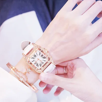 Kegllect Women Fashion Watch Bracelet Set Square Starry Quartz Watches Luxury Diamond PU Leather Strap Casual Ladies Wristwatches Jam tangan wanita
