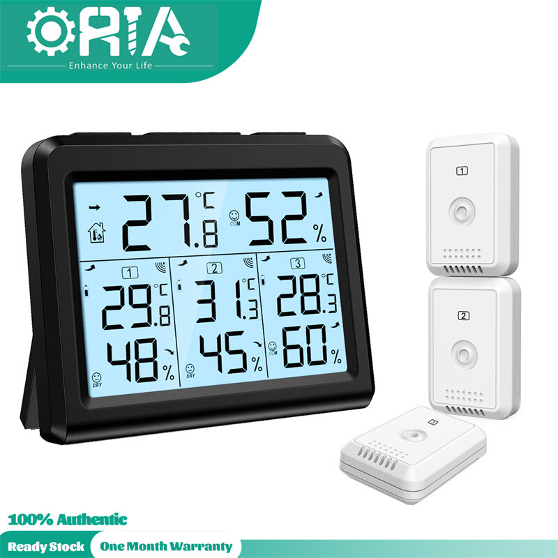 ORIA Indoor Outdoor  Room Thermometer with 3 Wireless Sensors Digital Hygrometer Thermometer Temperature Humidity Monitor Meter Gauge with LCD Back-light Wireless Thermometer for Home Office Bedroom