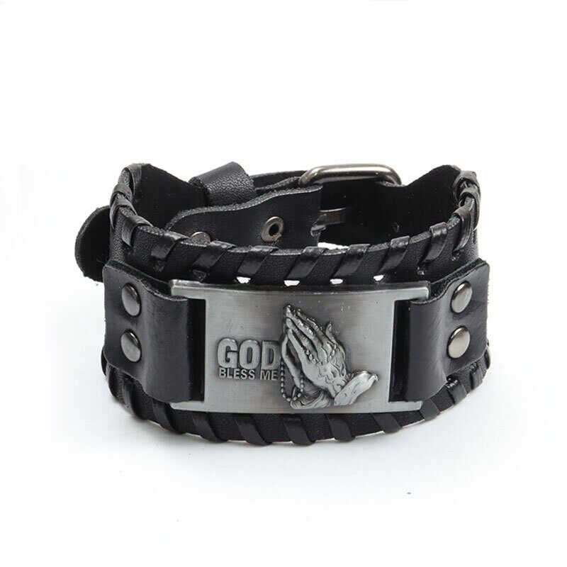 WZK BRACELET Men's Fashion Clasp Hands and Pray for God's Blessing Alloy Woven Leather Bracelet