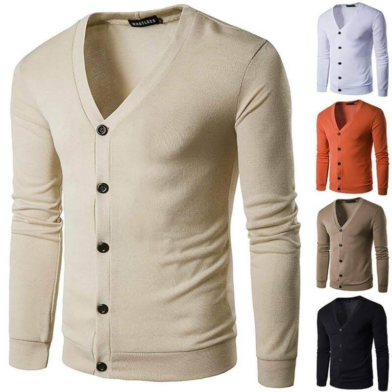 Mens Knitted Button Cardigan Sweater Casual Solid Slim Knitwear Jacket Coat Tops