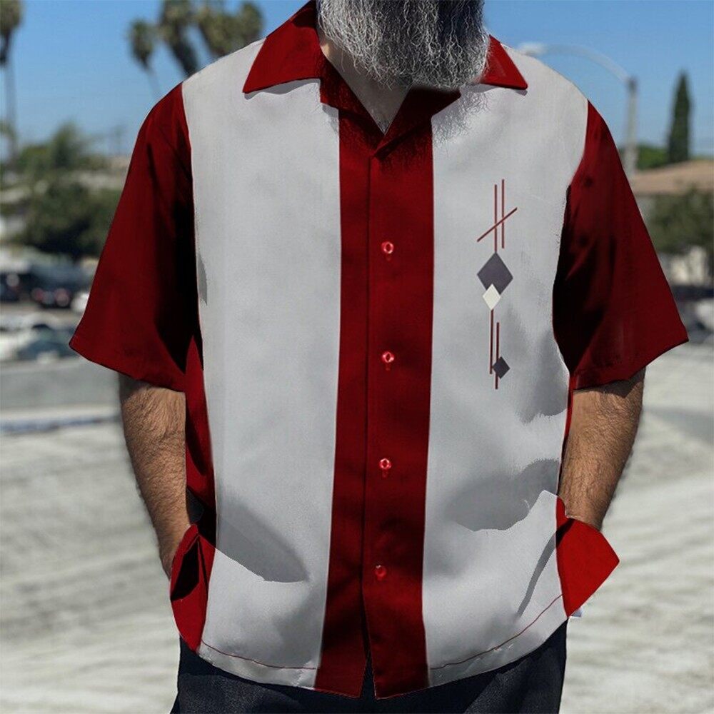 Men Bowling Shirt Cuban Retro Short Sleeve ButtonDown Vintage Summer