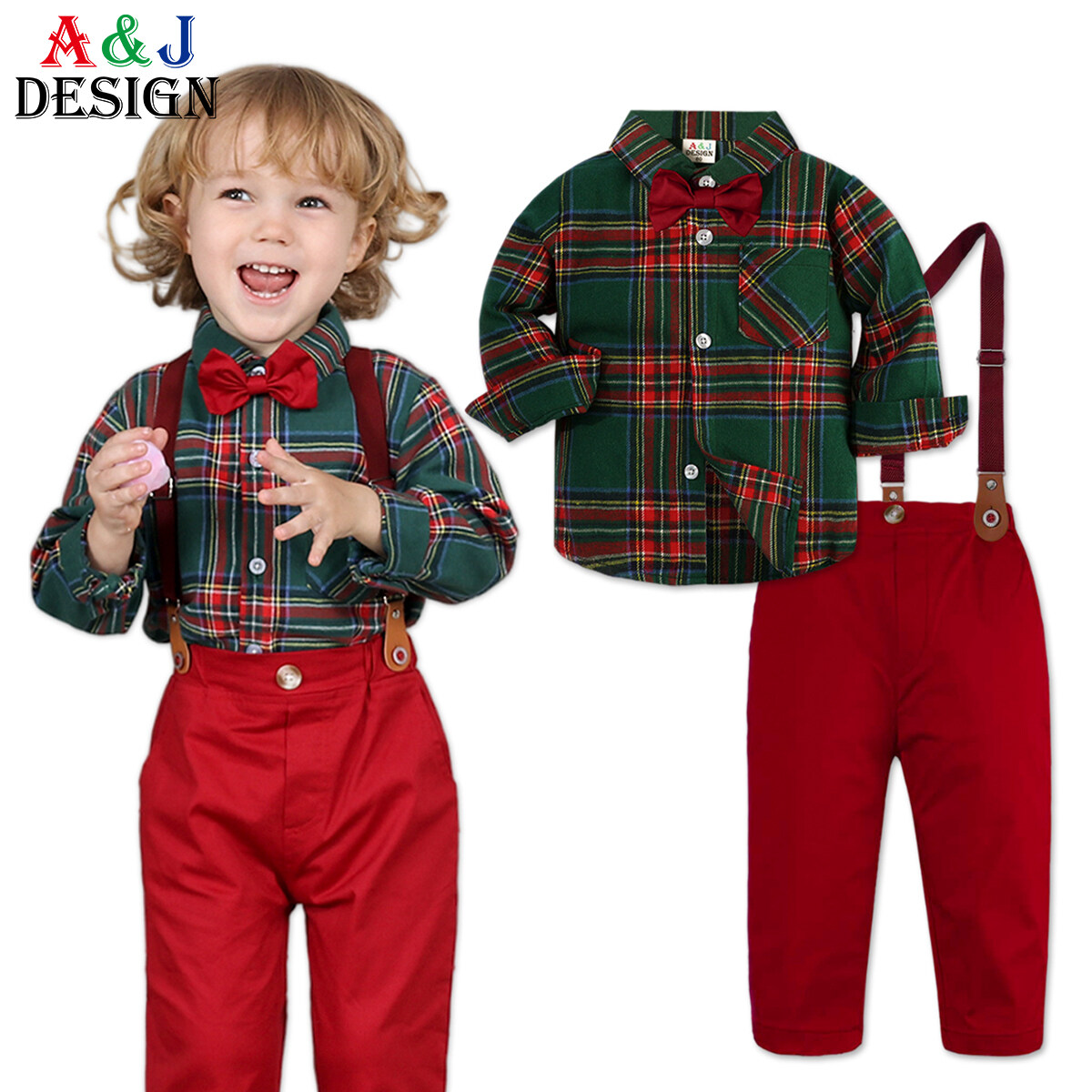 Christmas Outfit for Baby Boy Gentleman Plaid Shirt and Red Pants Suit Kids Formal New Year Clothes 1 5 Years Green Checkered Long Sleeve Set Lazada