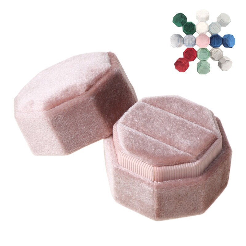 Antique Octagon Velvet Ring Box Double Ring Display Holder with Detachable Lid Ring Box Holder for Wedding Ceremony