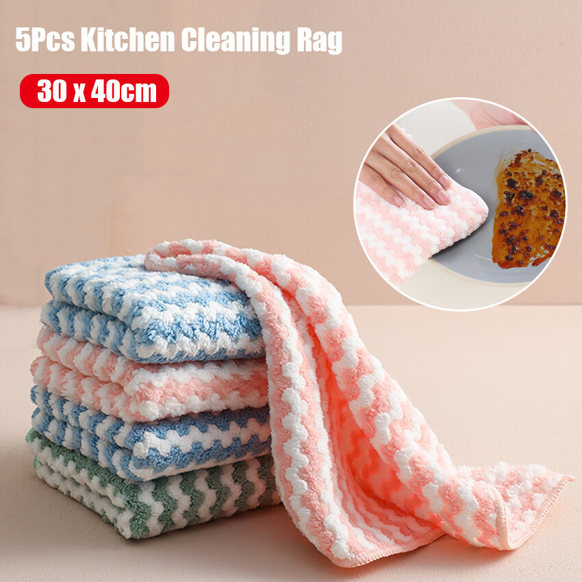 5Pcs Kitchen Cleaning Rag Coral Fleece Dish Washing Cloth Super Absorbent Scouring Pad Dry And Wet Kitchen Cleaning Towels