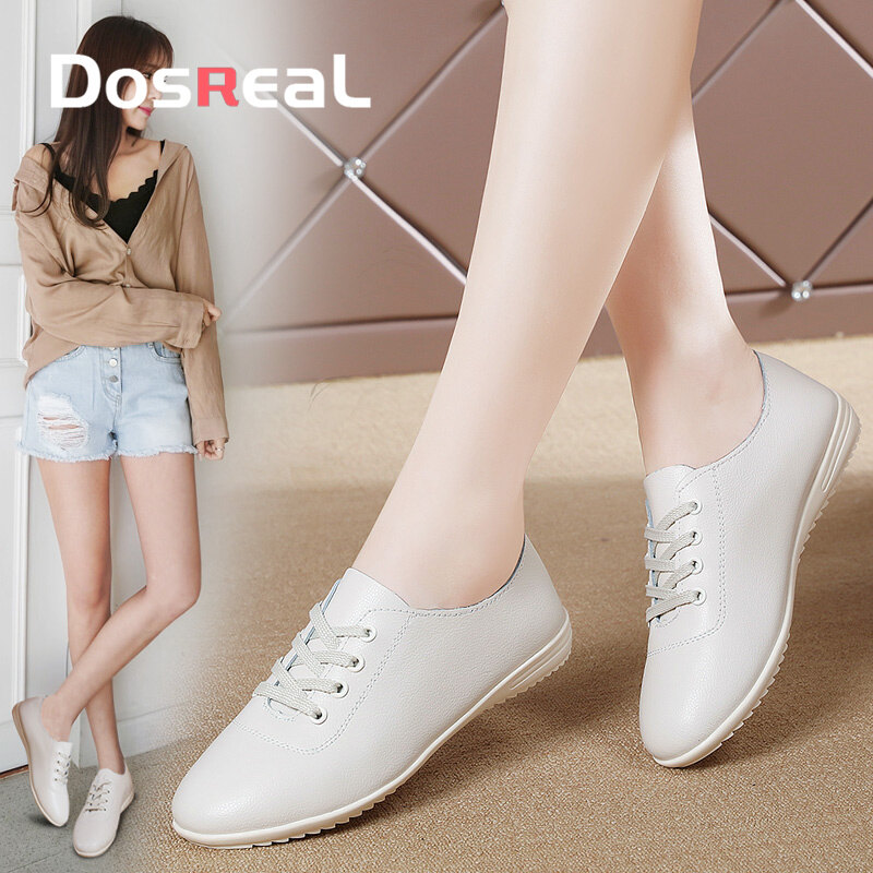 DOSREAL Oxfords Shoes For Women Leather Korean Style White Shoes Ladies Soft Sole Casual Women Shoes