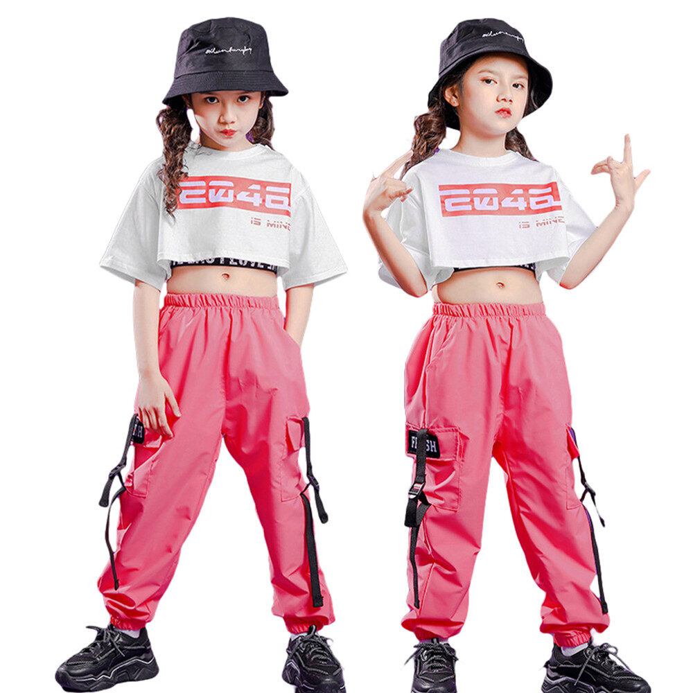 Lolanta Girls White Short Sleeve Crop Top Or Pink Loose Jopping Pants Casual Wear Kids Hip Hop Stree Dance Performance Clothes