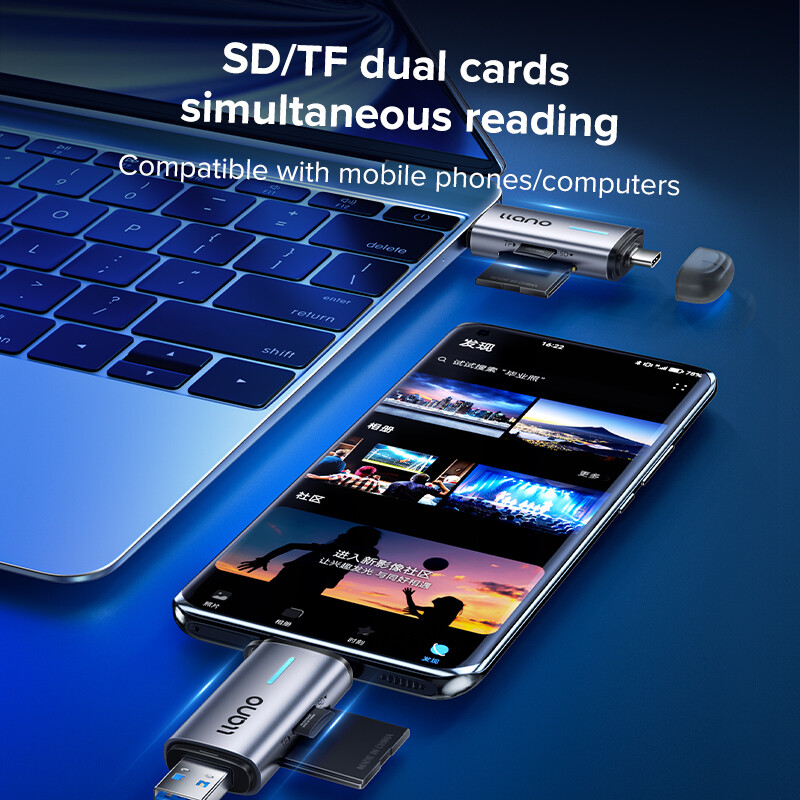 LLANO Card Reader Type-C USB 3.0 SD TF Micro SD Memory Card Reader with dual-interface Support Simultaneous Reading for PC Phone Tablet