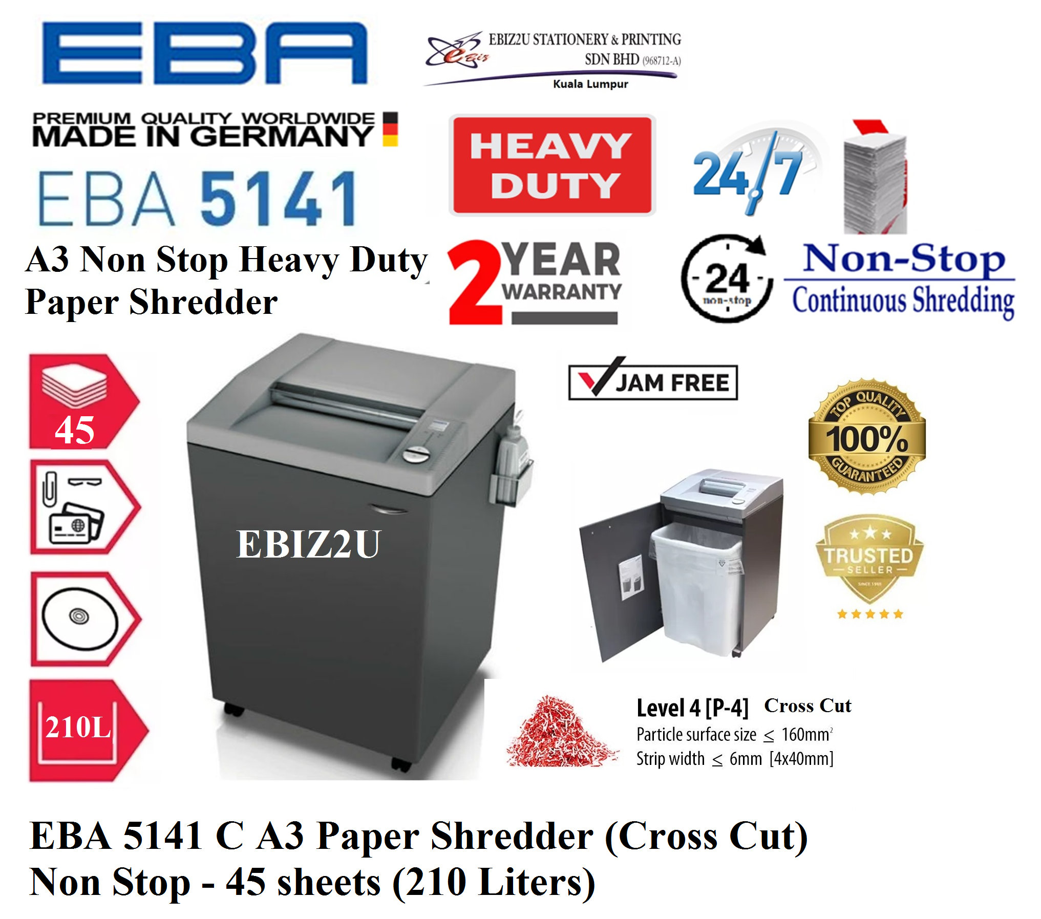 Eba 5141 c a3 paper shredder cross cut non stop 45 sheets 210