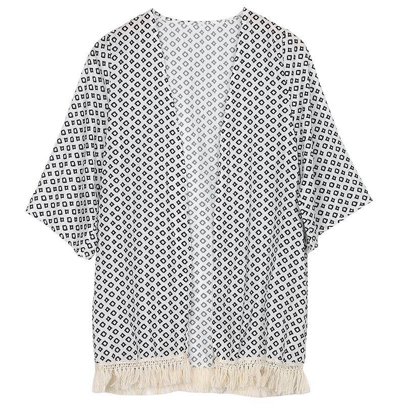 Sweetboxe Women Bikini Cover Up, Checkered Printed Long Sleeve Cardigan Bikini Cover Up, Tassel Hem Loose Smock for Swimming Suits