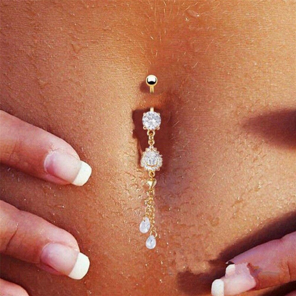 [Lady Sugar]1PCS Golden Body Piercing Belly Ring Rhinestone Navel Barbell Dangle Inexpensive Body Jewelry New Women Fashion