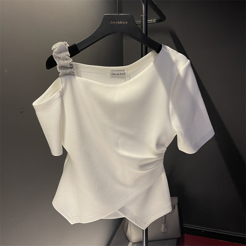 Solid Color Hot Drilling T T-shirt Women's Clothing 2023 Summer New Waist-Controlled Top