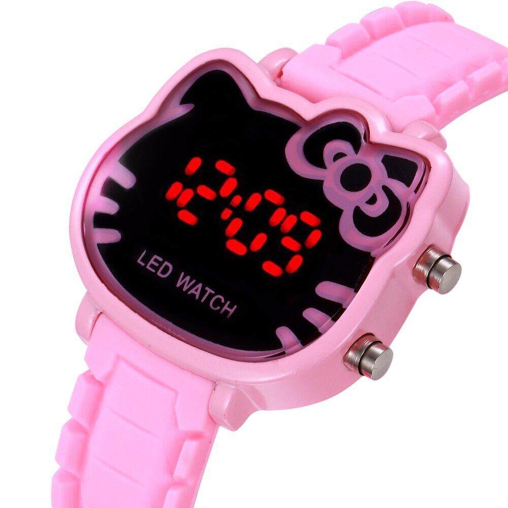 Hello Kitty นาฬิกาแฟชั่นเด็ก LED ดิจิตอลนาฬิกาข้อมือสตรีผู้หญิงสร้อยข้อมือผู้หญิงน่ารักการ์ตูนสายคล้องคอเด็กควอตซ์กันน้ำ Wristwacthes ของขวัญ
