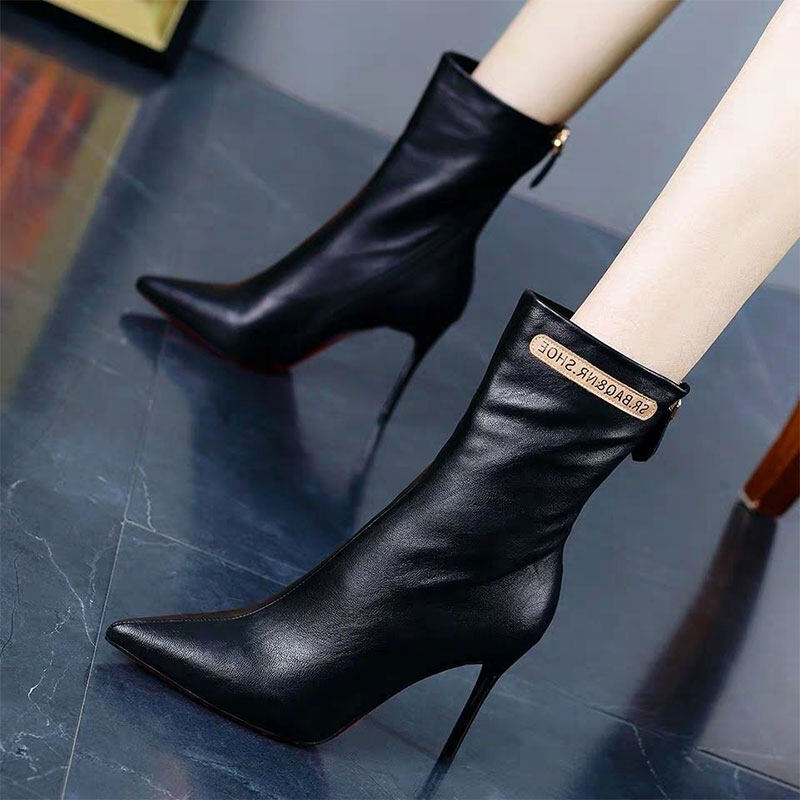 QiaoYiLuo Pointed toe stiletto heels woman Fashion skinny boots diagonal zipper fashion shoes Fleece mid-barrel boots naked boots winter