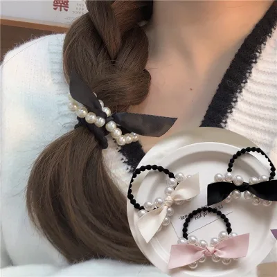 [Cutewomen2020] Elegant Pearl Hair Tie Bowknot Hair Band Elastics Ties Ponytail Holder Scrunchy Hair Rope Vintage Accessories for Women Girls