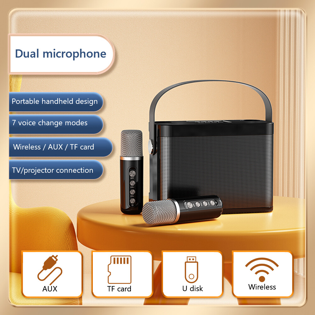 Portable Mobile Karaoke Speaker Machine with Dual Microphone Wireless Karaoke Speaker Machine Voice Changer Bluetooth-compatible 5.0 Support TF Card