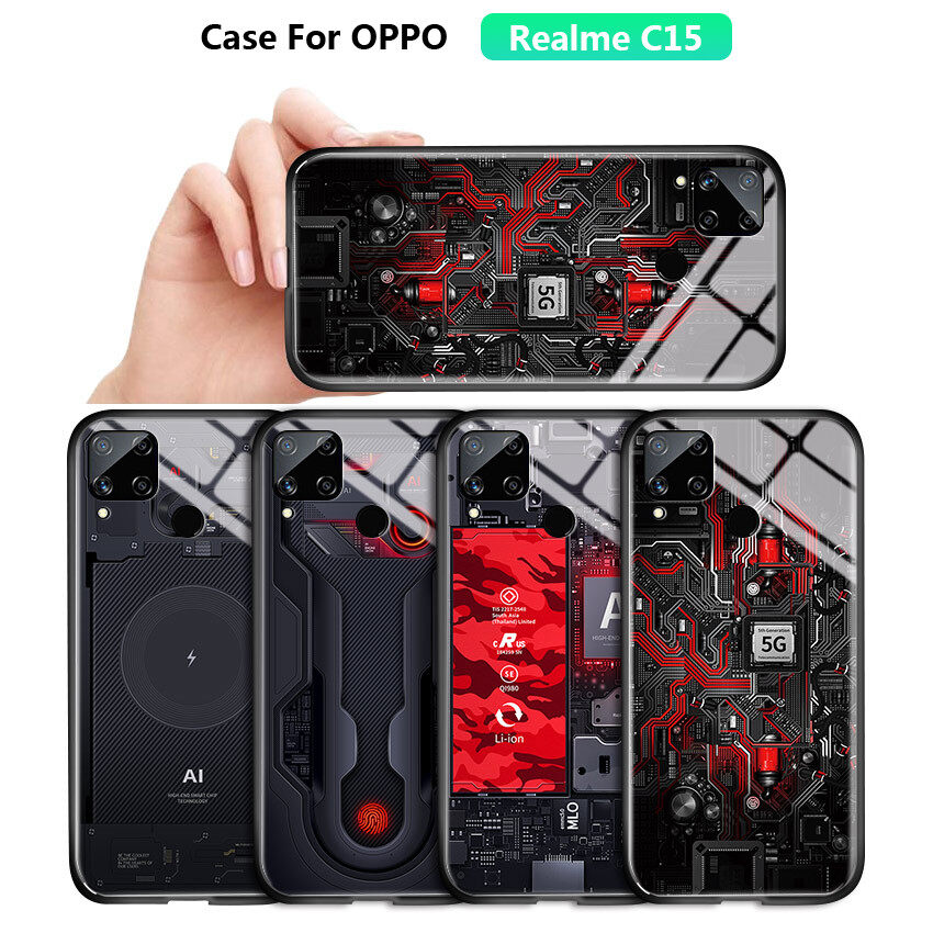 Hontinga Casing Case For Realme C15 Case Technology Circuit Board Explorer Exploration Theme Version Realmi Real Me C15 Cases Tempered Glass Back Cover Casing Phone Case Hard Case For Men For Boys