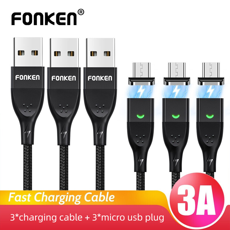 FONKEN 1M 3Packs Micro USB Cable QC 3.0 Fast Charging Max 3A Quick Charger Sync Data Transfer LED Magnetic Charger Cable for Android Device